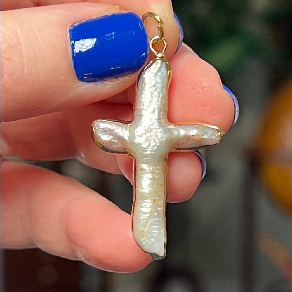 Gold Dipped Christian Religious Baroque Pearl Cross Necklace Charm Pendant - Picture 2 of 4